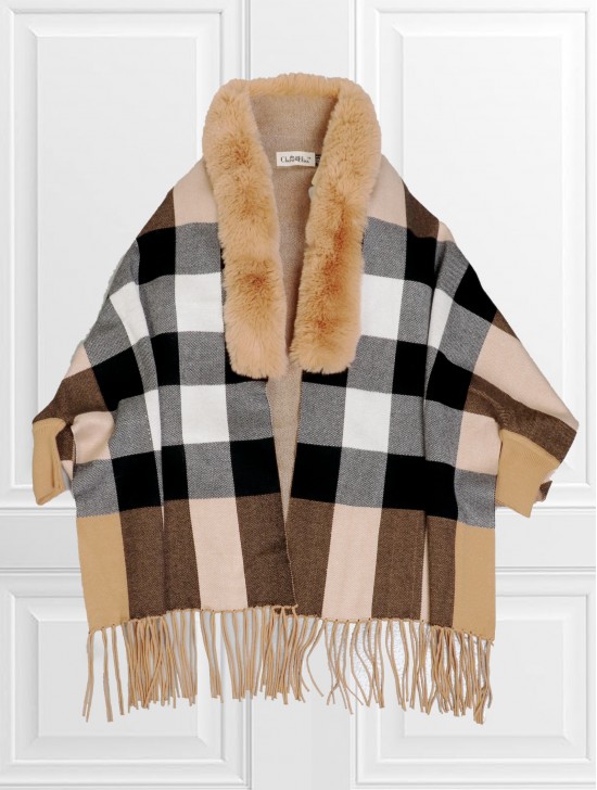 Cashmere Feeling Reversible Plaid Cape w/ Faux Fur Collar